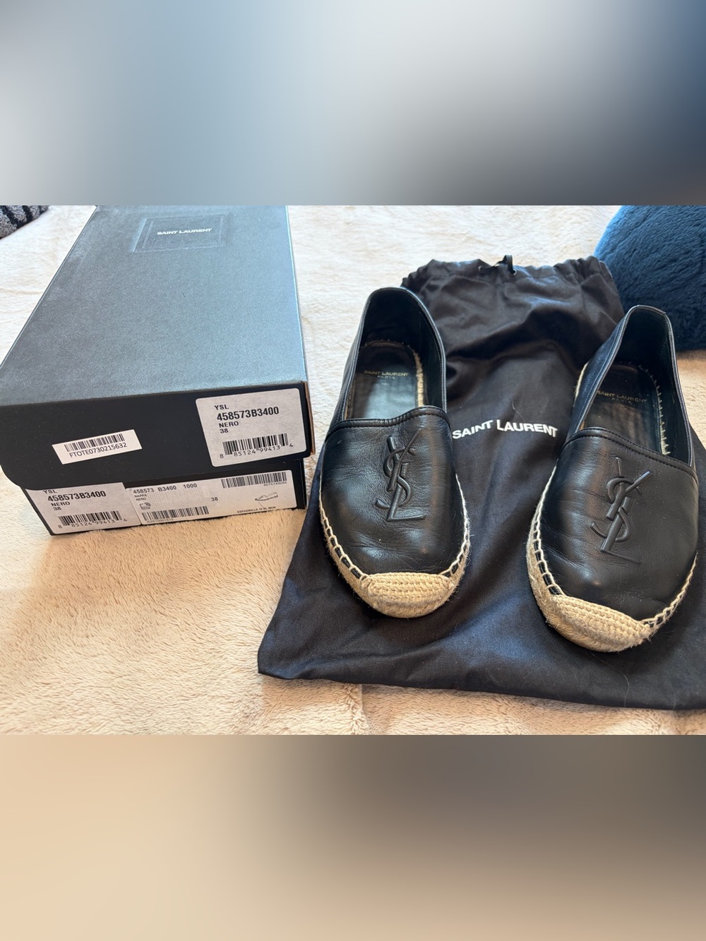 Yves Saint Laurent Black Leather Espadrille with Braided Jute Toe